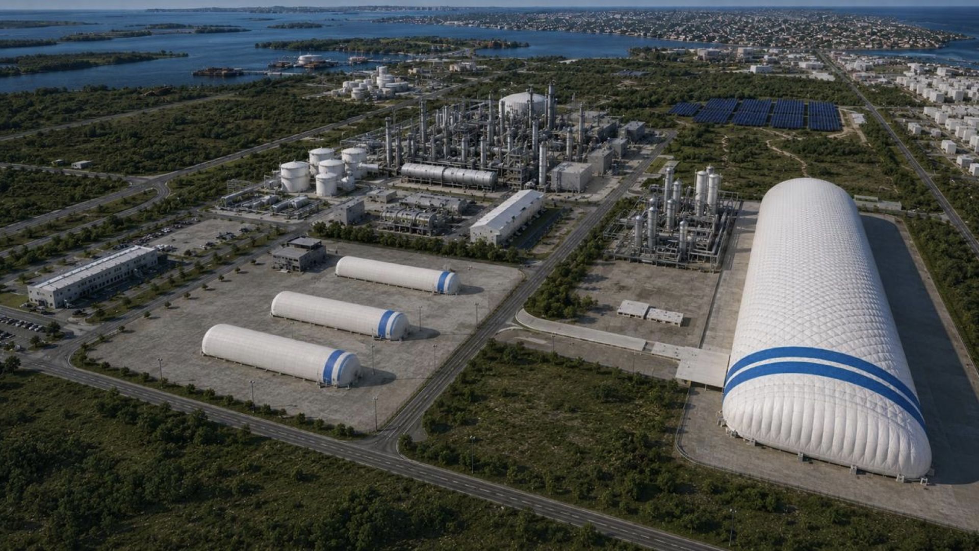 Concept rendering of a ComputeDome™ Dome alongside long-duration storage and existing industrial infrastructure on a coastal site