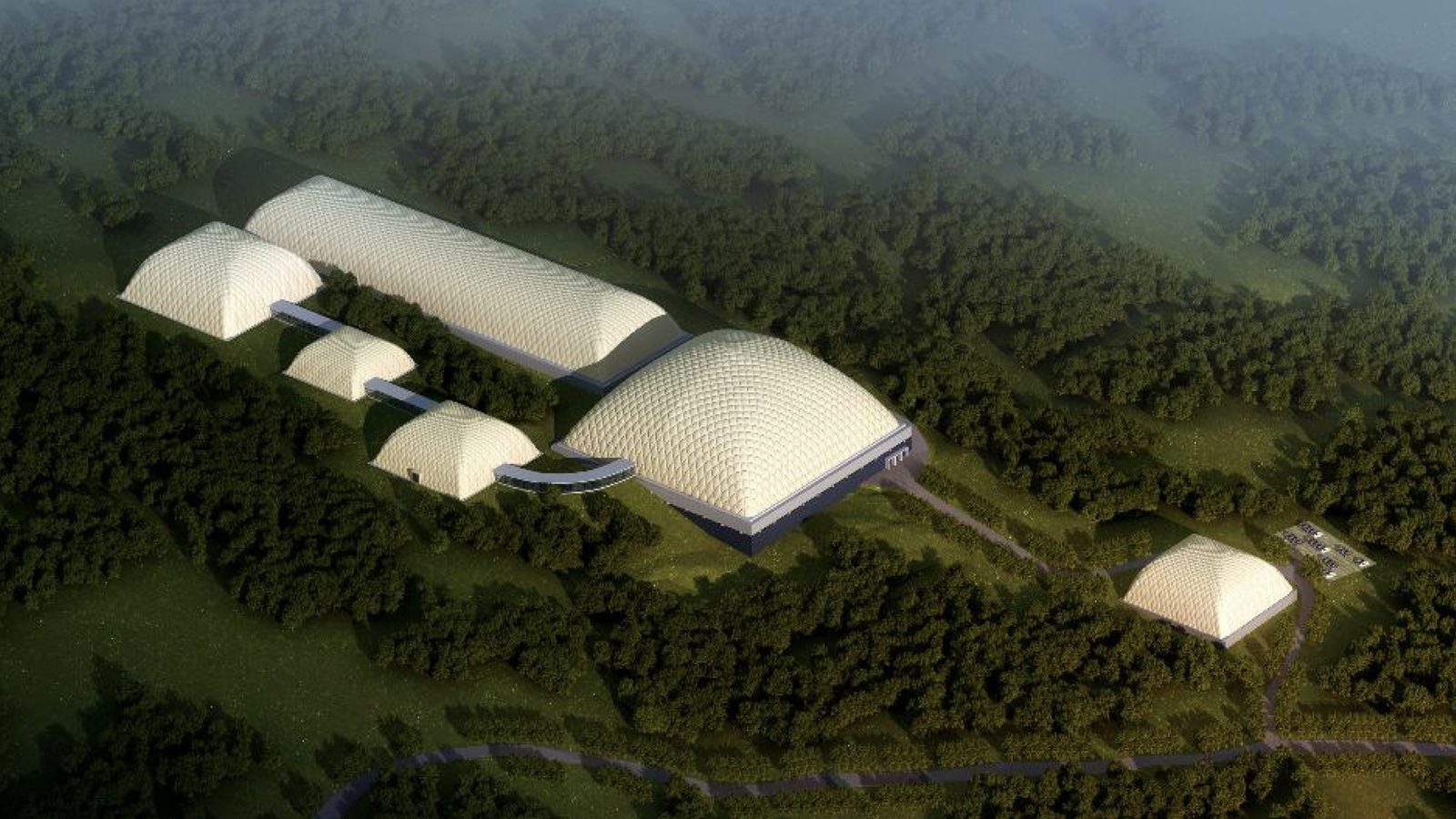 Concept rendering of a multi-dome ComputeDome™ campus set into forested terrain