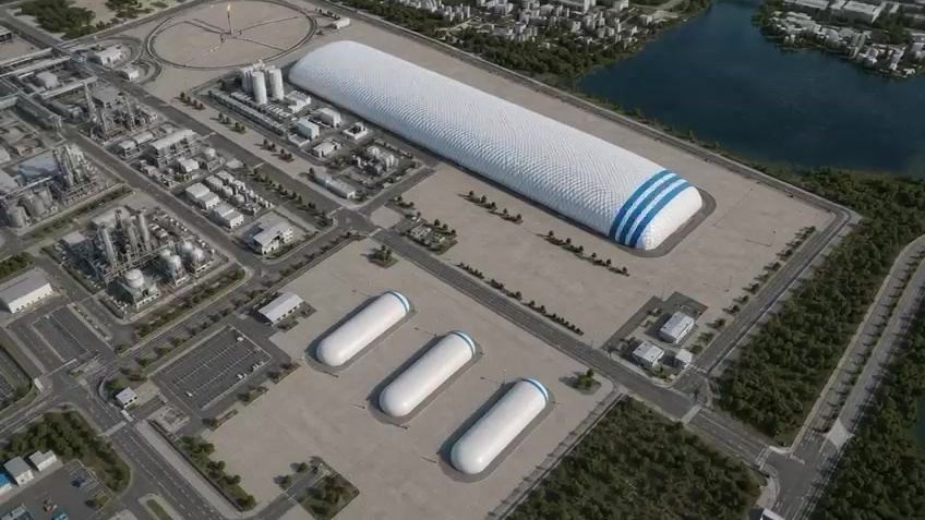 Concept rendering of a ComputeDome™ Dome with integrated long-duration energy storage vessels alongside it